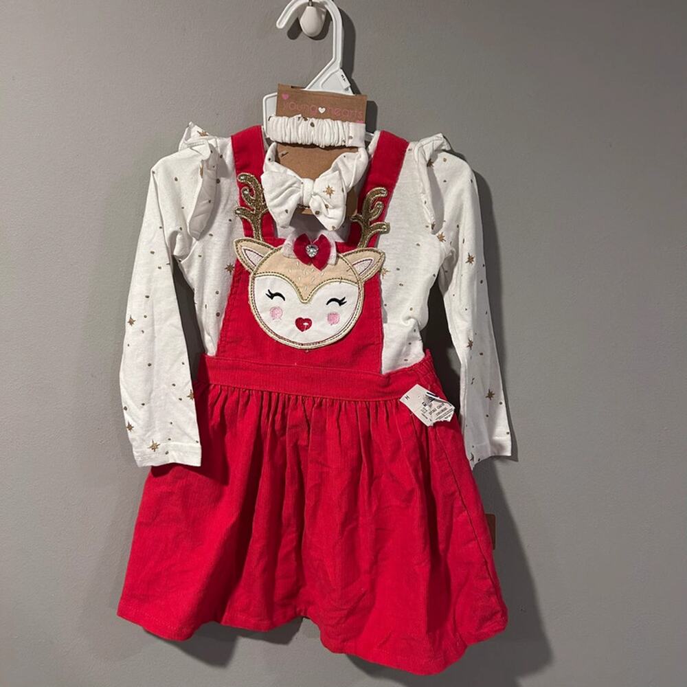 NWT Young Hearts corduroy reindeer dress size 3T 3 piece set with headband